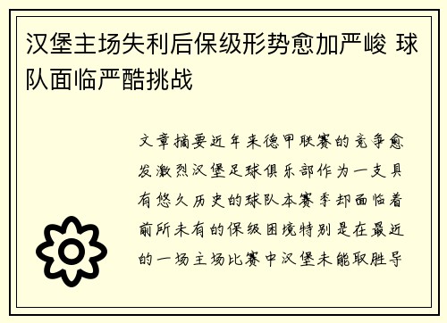 汉堡主场失利后保级形势愈加严峻 球队面临严酷挑战