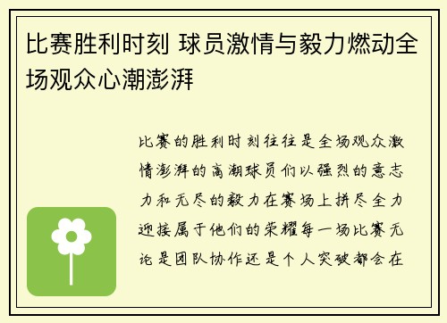比赛胜利时刻 球员激情与毅力燃动全场观众心潮澎湃